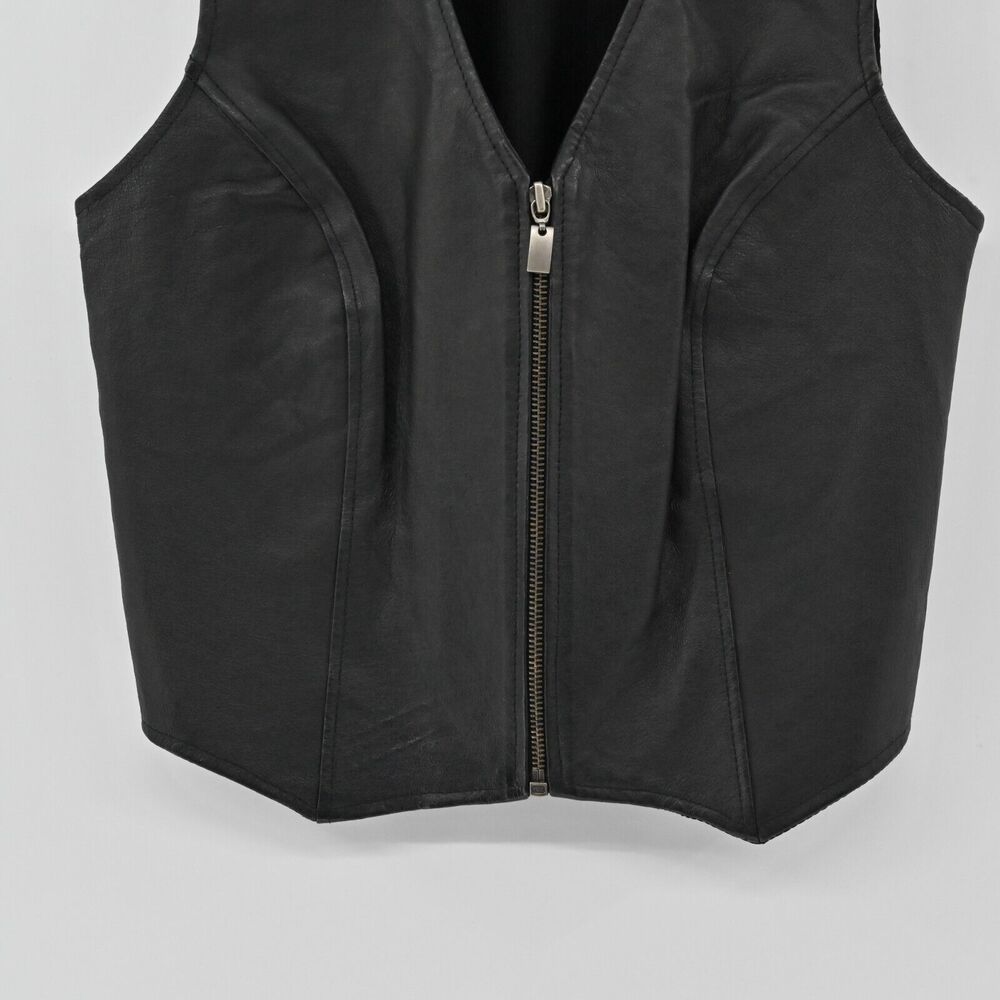 Vtg SAVANNAH Vest Womens Sz S Black Leather Combo‎ Zip Up Sleeveless Biker Retro - Picture 3 of 12